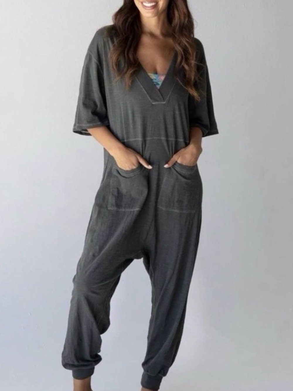 Natural Life Charlie Deep V-Neck Harem Jumpsuit Jogger Green Cotton Slouchy XL
